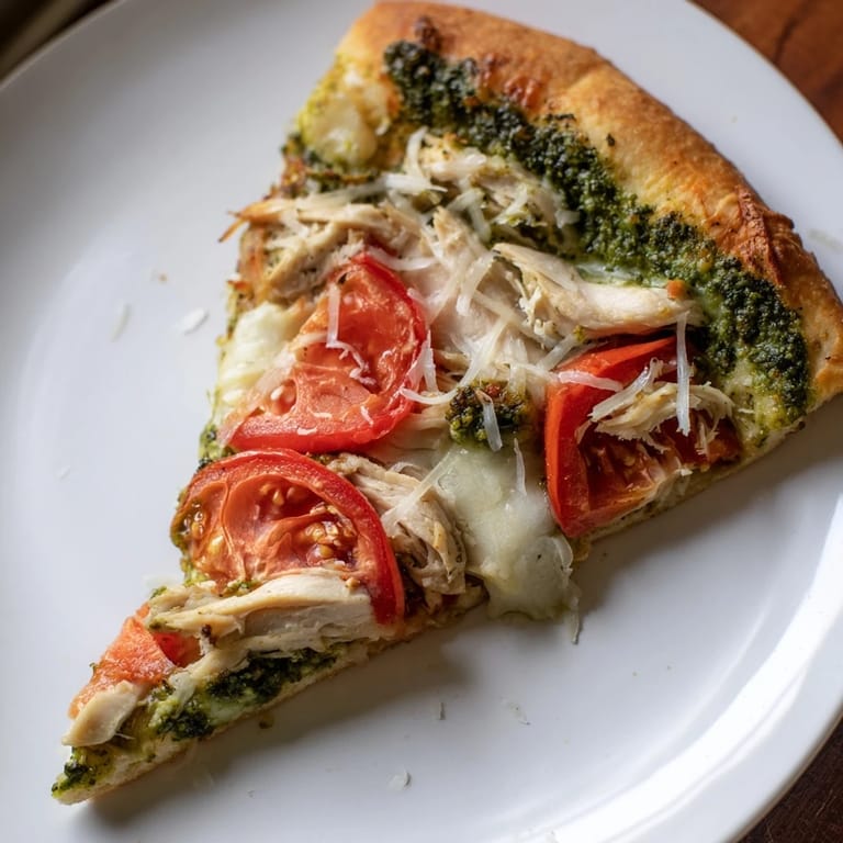 A close-up of a slice of Chicken Pesto Pizza with basil pesto and tender chicken.  