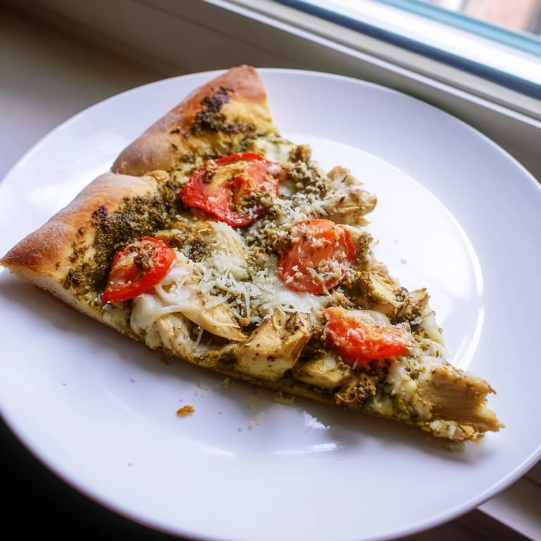 A freshly baked Chicken Pesto Pizza with vibrant green pesto and fresh basil garnish.