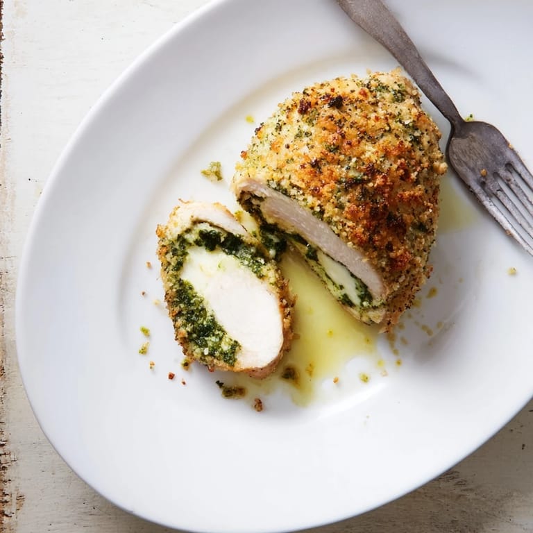 Juicy, herb-crusted Mozzarella & Pesto Stuffed Chicken fresh from the oven, served with salad.