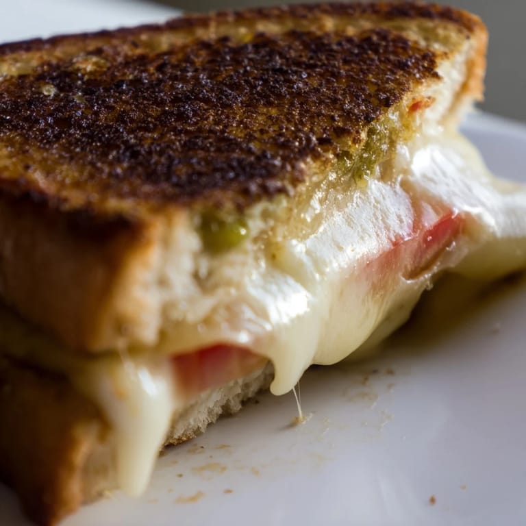 A close-up of a Pepper Jack & Tomato Grilled Cheese with gooey, melted cheese and vibrant red tomato slices peeking out of crispy, golden bread.