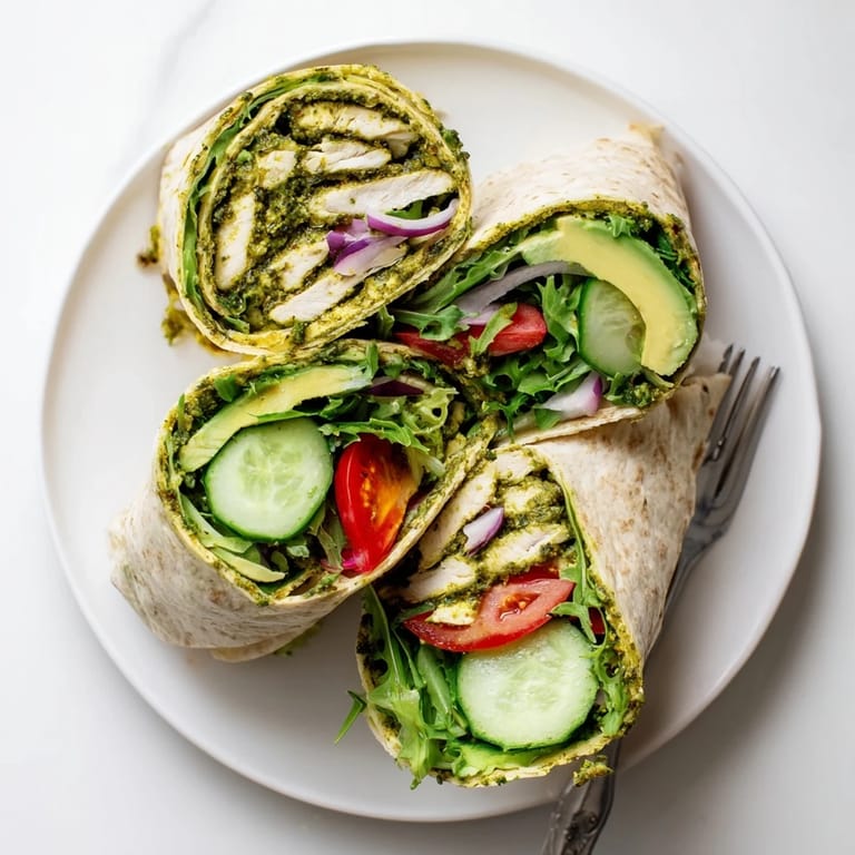 Sliced chimichurri chicken salad wraps filled with vibrant greens, tomato, cucumber, and creamy avocado.