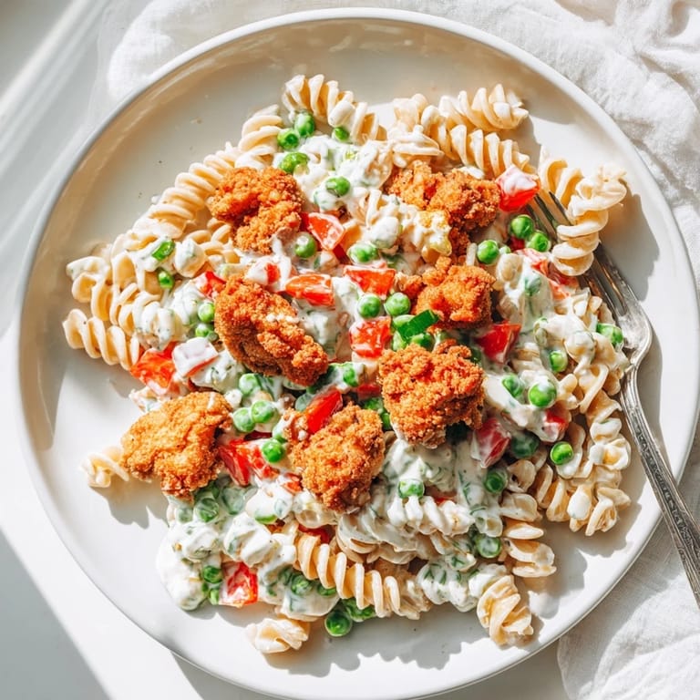Served in a white bowl with fresh dill and parsley, this hearty Crispy Chicken Ranch Pasta Salad is a perfect main dish for an American family lunch.