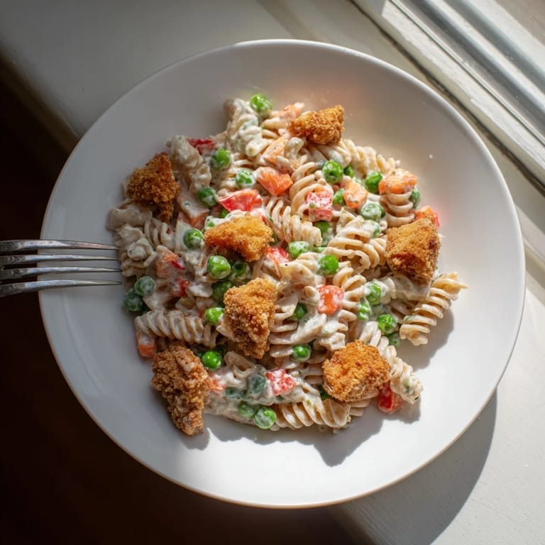 Golden fried chicken bites rest atop a colorful mix of pasta, green peas, and red peppers, all coated in a rich buttermilk ranch dressing for a tasty Crispy Chicken Ranch Pasta Salad.