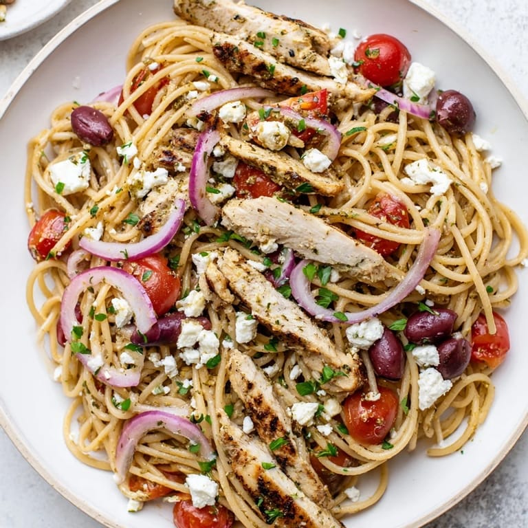Serve this Mediterranean-style Greek Chicken Spaghetti with crumbled feta and olives for an easy, flavorful weeknight dinner the whole family will love.