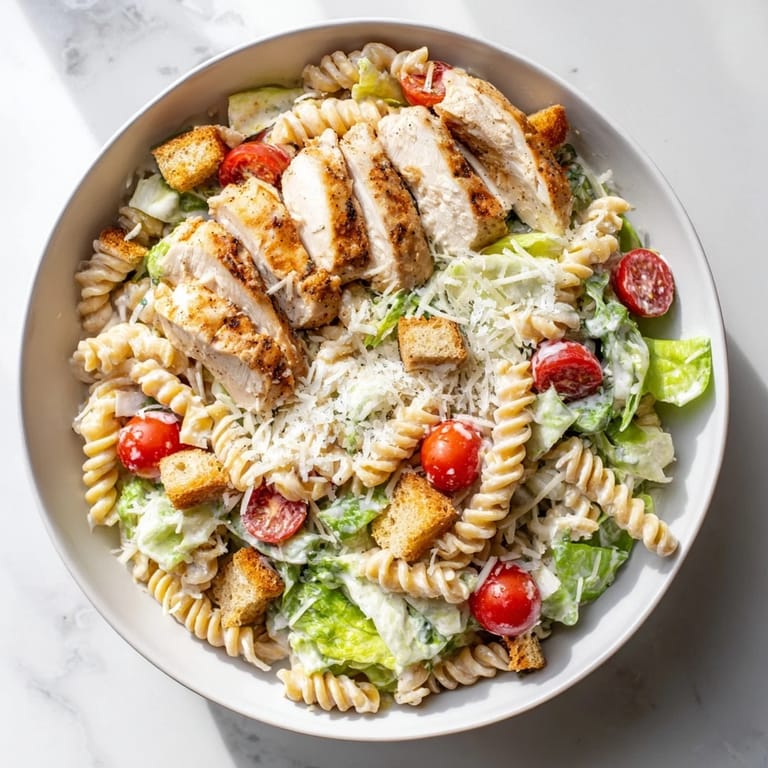 Serving suggestion for Caesar Pasta Chicken Bowl with cherry tomatoes and Parmesan, served warm in a colorful bowl.
