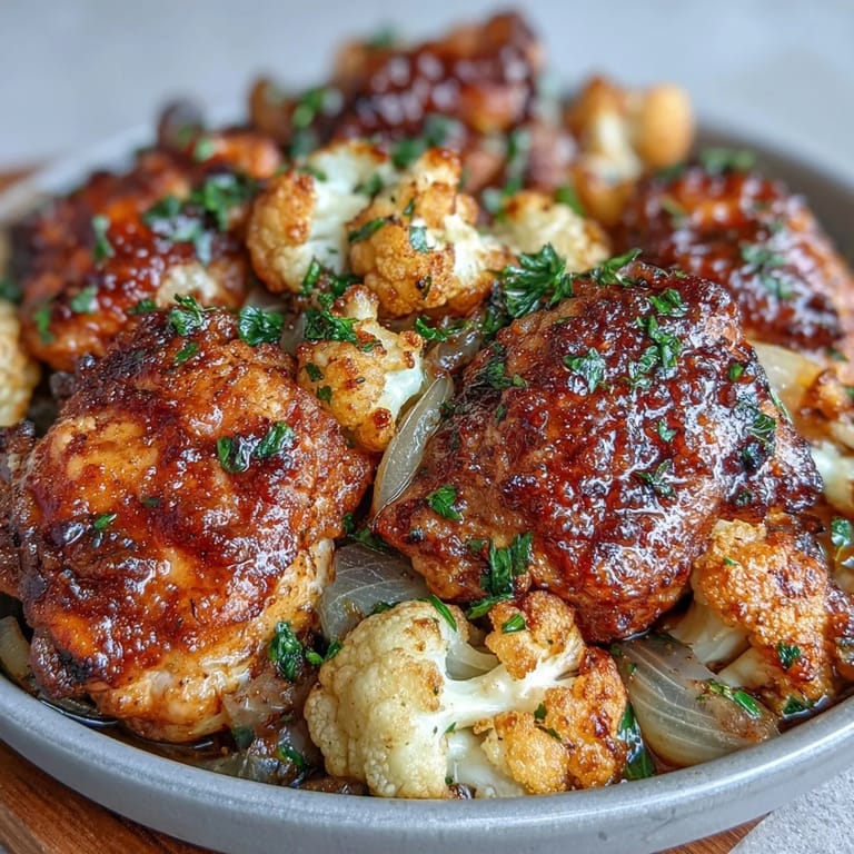 Sheet pan roasted cauliflower chicken, a colorful and easy weeknight dinner option.