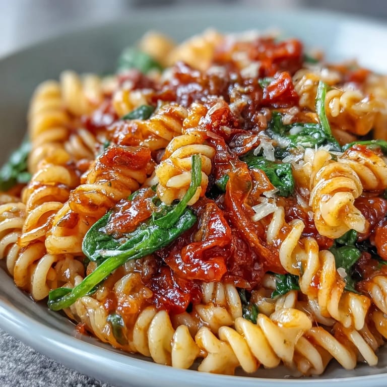 Tomato spinach one-pot rotini garnished with Parmesan, fresh basil, and a spoon ready for a weeknight family dinner.