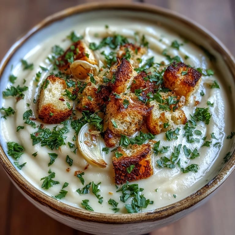 Hearty Roasted Garlic Soup, deeply flavorful and warming on a cold day.