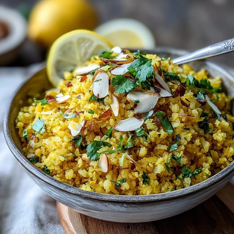 Healthy Turmeric Cauliflower Rice served alongside grilled chicken, highlighting its fluffy texture and golden color as a low-carb alternative to traditional rice.