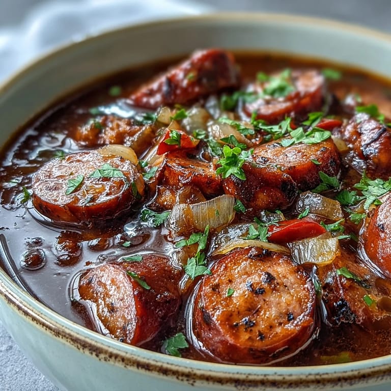 Thick, savory Crock Pot BBQ Cocktail Sausage Soup served hot in a rustic bowl, featuring diced bell peppers and smoky sausage slices.  