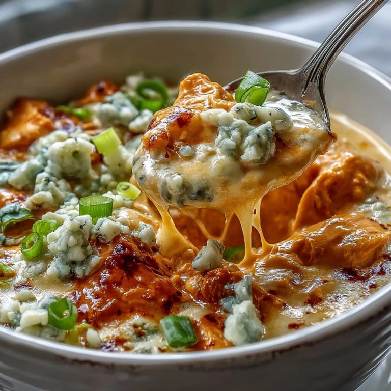 Hearty bowl of slow-cooked Crock Pot Buffalo Chicken Dip Soup alongside celery sticks and crispy tortilla chips.