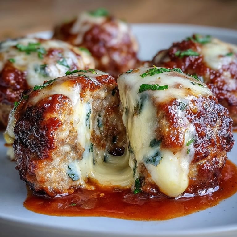 Serving of cheesy, garlicky meatballs with marinara over a bed of steaming pasta.