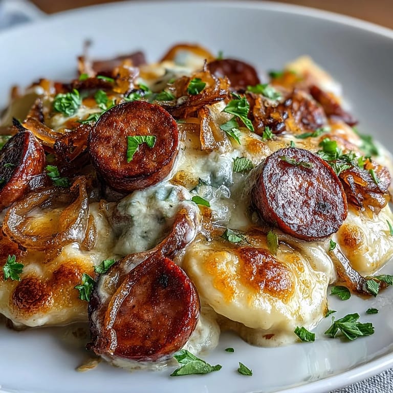 Layered Crockpot Pierogi Casserole With Kielbasa served steaming in a bowl with fresh chives garnish.