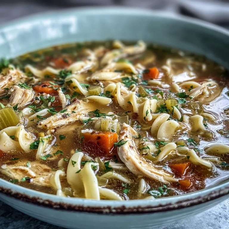 A hearty serving of Instant Pot Chicken Noodle Soup garnished with fresh parsley and wide egg noodles.  