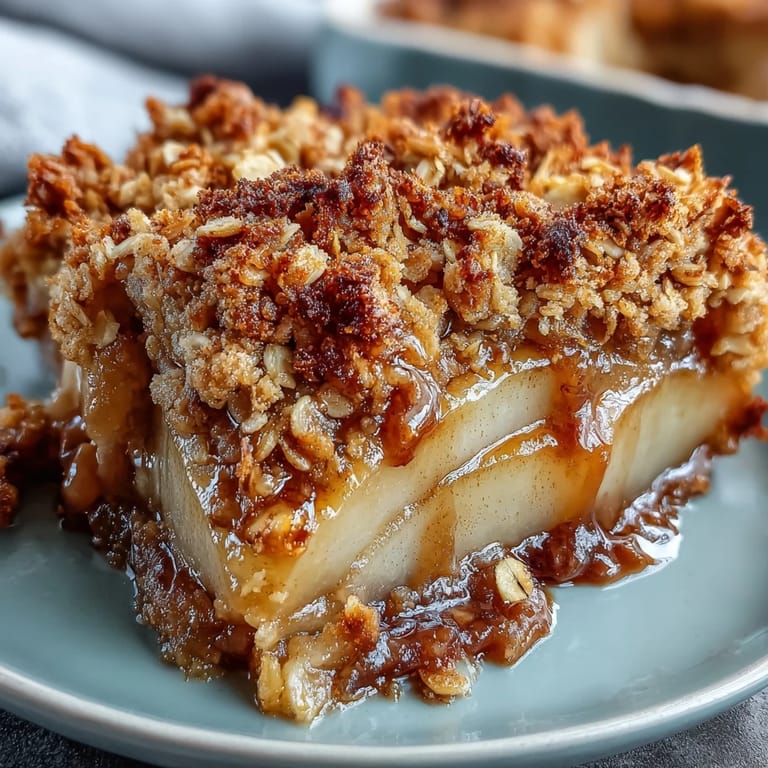 Homemade Pear Crumble cooling on a wooden table, featuring tender baked pears and a thick, buttery oat crumble.