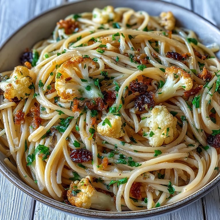 A rustic wooden table displays a skillet of warm Cauliflower, Anchovy and Raisin Spaghetti with a glass of crisp white wine.