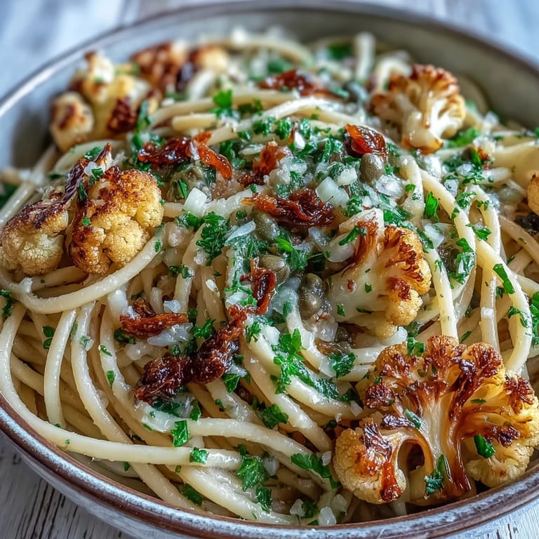 Close-up of golden Cauliflower, Anchovy and Raisin Spaghetti served in a white bowl, garnished with fresh parsley and lemon zest.