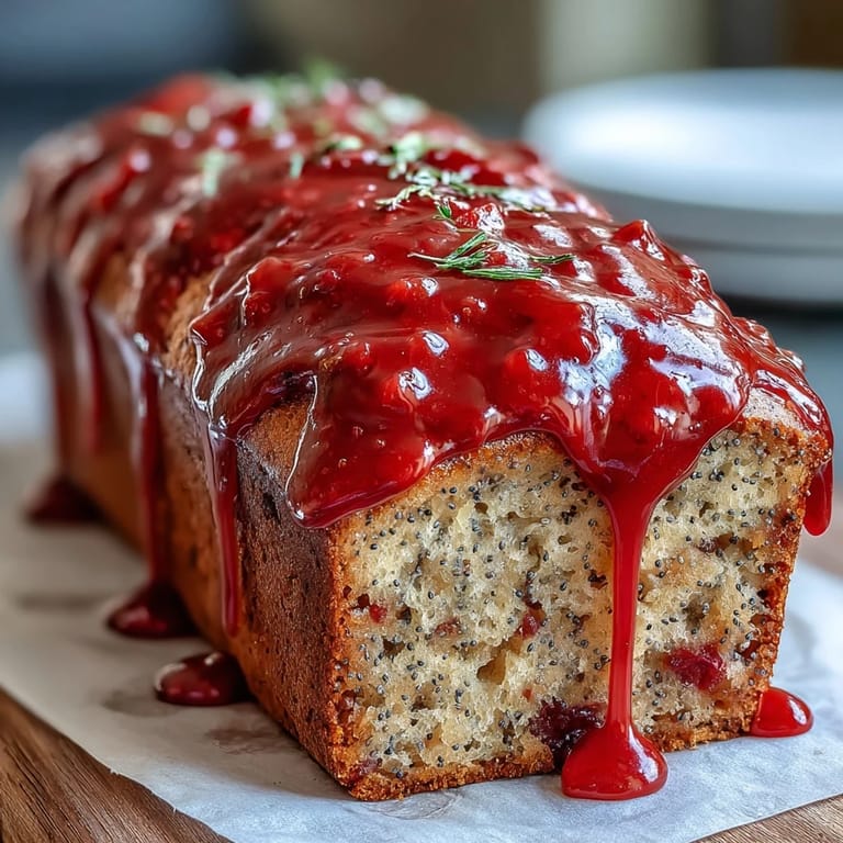 Slice of Blood Orange Loaf Cake with Poppy Seeds and Marzipan revealing a tender crumb, served with a hot cup of Earl Grey tea on a saucer.
