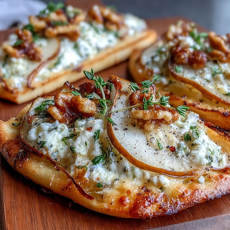 Twelve crisp mini pizzas topped with sweet pears, crumbled Gorgonzola, and sliced pickled walnuts.