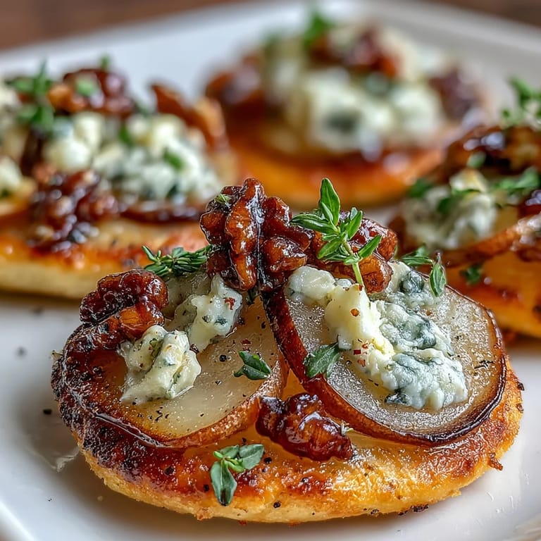 Freshly baked Pear, Gorgonzola, and Pickled Walnut Pizzettes on a tray with arugula garnish.