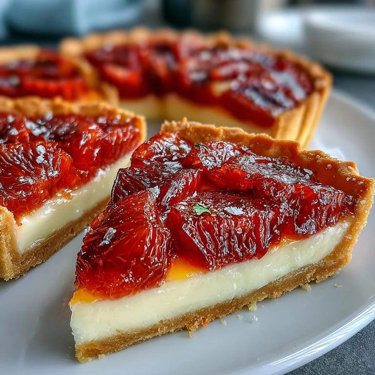 Deconstructed Blood Orange Tart with a spoonful of custard and sliced blood oranges on a rustic plate.