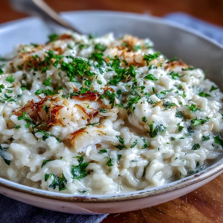 A close-up of Smoked Haddock Risotto, featuring melted Parmesan and bright lemon zest for a savory finish.