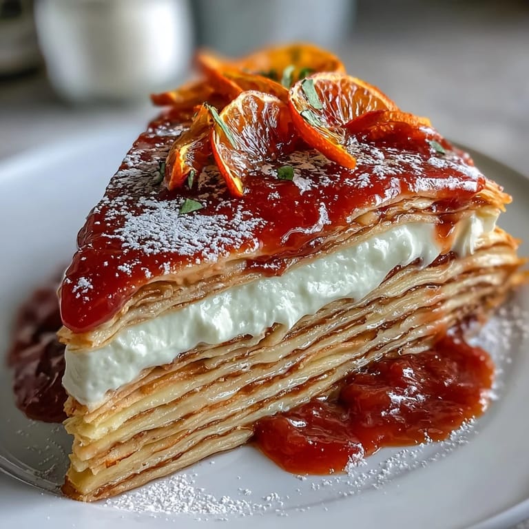 Bright blood orange slices top a chilled, multi-layered crêpe cake served on a white plate.