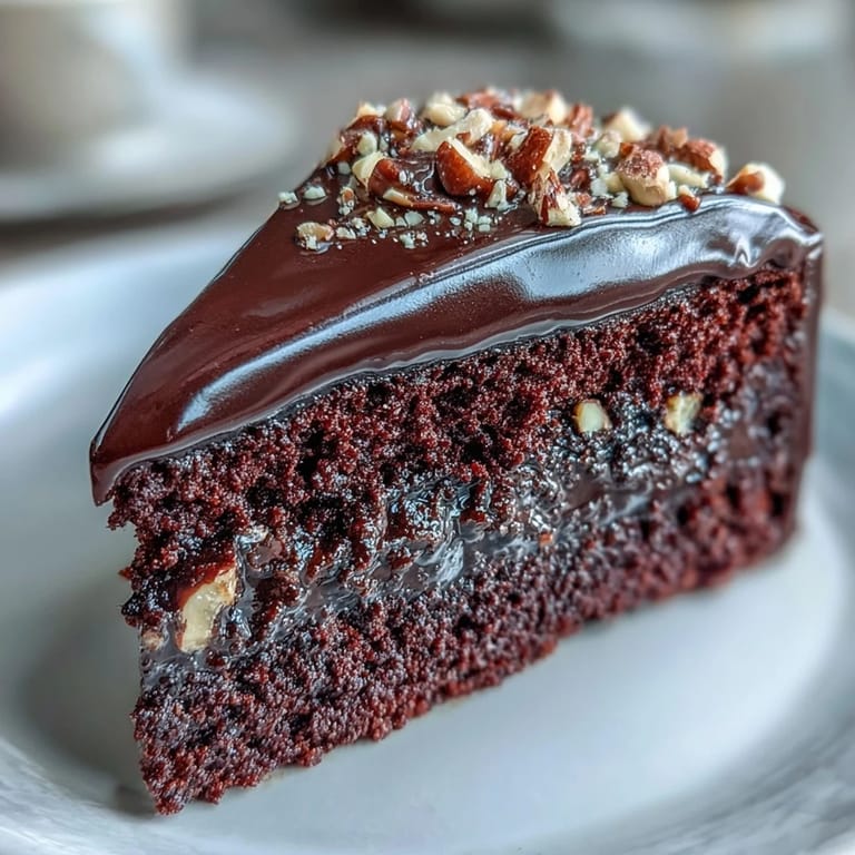 Close-up of Chocolate Celebration Cake with fudgy ganache frosting and sparkling hazelnut praline shards on a white plate.
