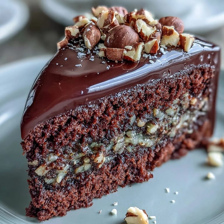 Moist Chocolate Celebration Cake layers soaked in coffee, layered with chocolate ganache and topped with praline for celebrations.