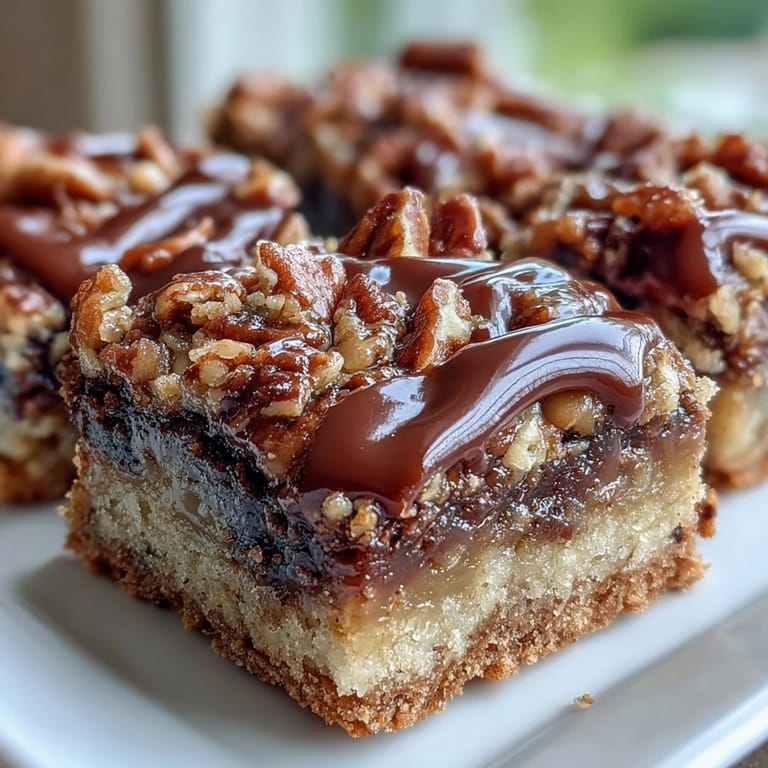 Golden baked squares of Decadent Sweet and Chewy Turtle Bars with Chocolate and Caramel topped with toasted pecans.