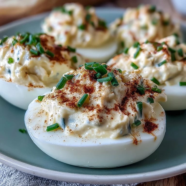 A close-up of homemade Million Dollar Deviled Eggs with a sprinkle of paprika and chives.
