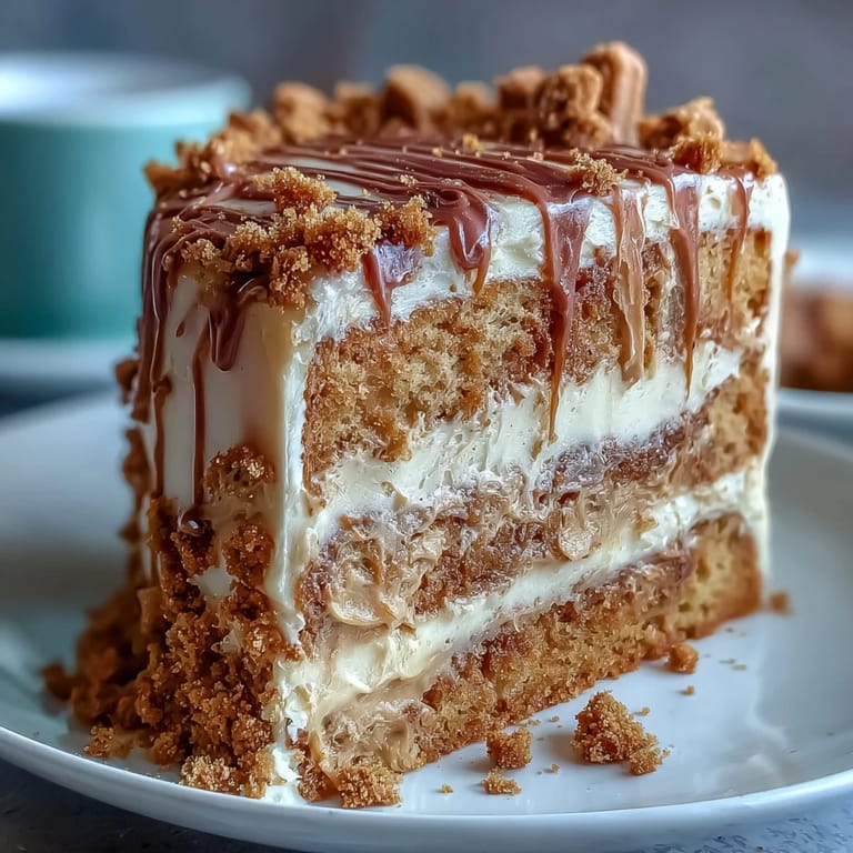 Close-up of a Decadent Baked Biscoff Cake, highlighting the silky smooth Lotus frosting and the texture of the spiced cookie crumb.