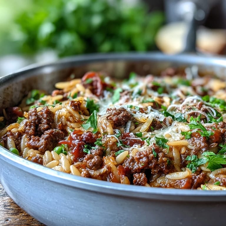 Homemade Comforting Ground Beef Orzo Dinner served hot from the skillet, perfect weeknight meal.