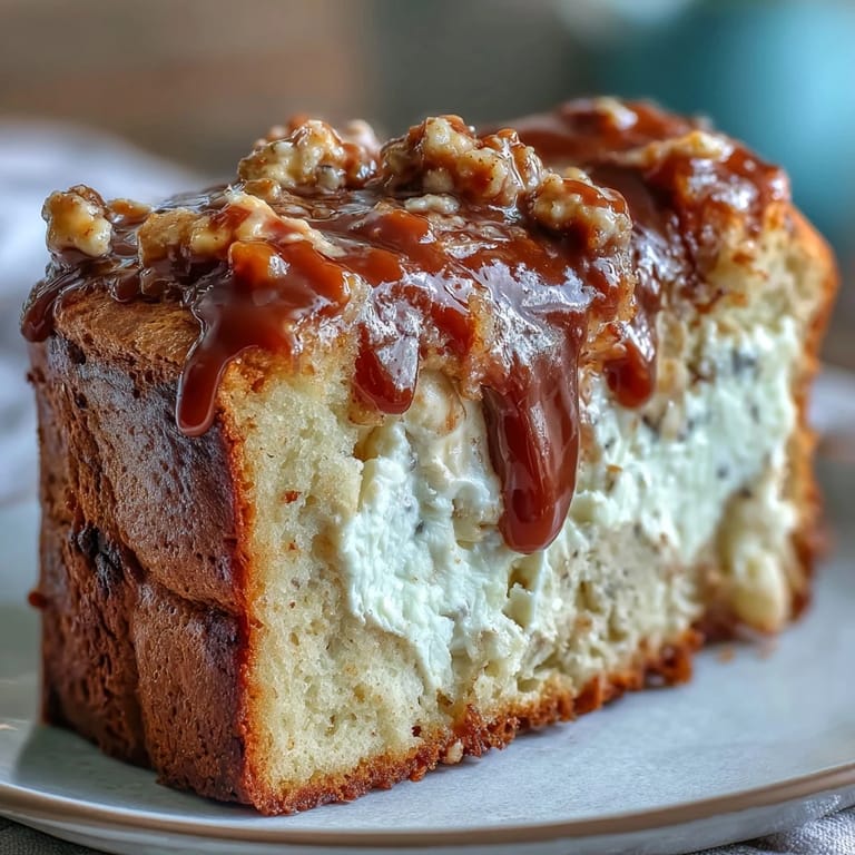 Freshly baked Caramel Cream Cheese Bread is served warm on a rustic wooden board, with a cup of coffee for breakfast.
