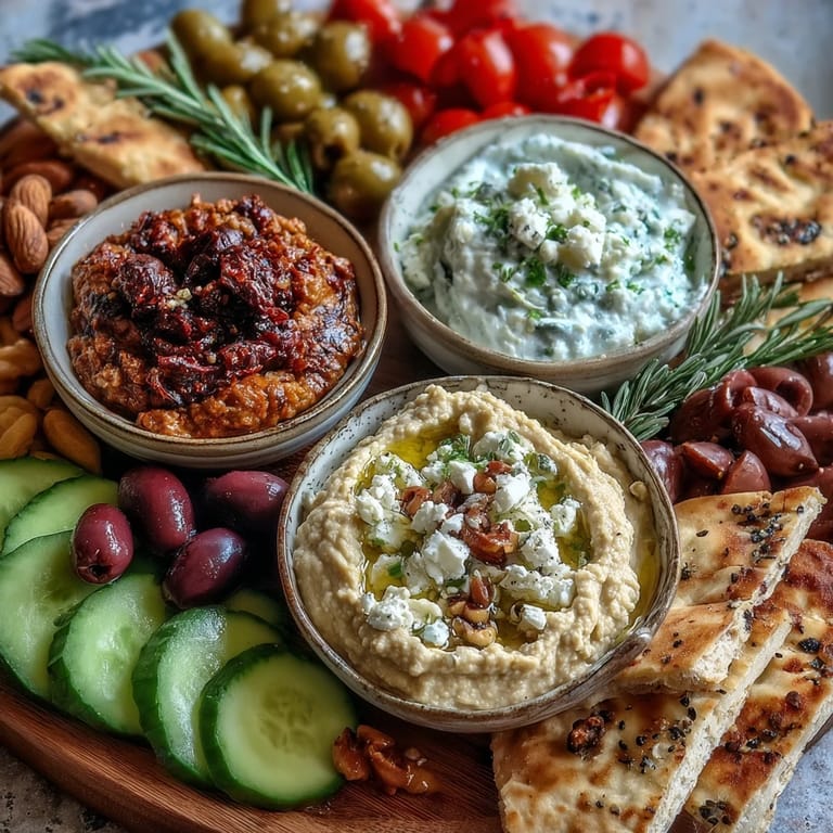 Colorful Mediterranean Brunch Board with Dips and Flatbreads featuring briny olives, crunchy nuts, and fresh herbs for a shareable feast.
