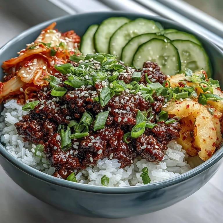 Chopped kimchi and fresh radish garnish a steaming bowl of Korean Beef, drizzled with sesame seeds.