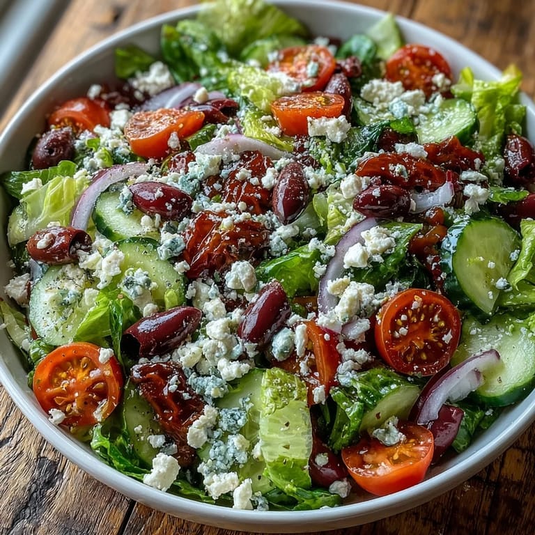 This healthy Greek Salad Bowl features crunchy cucumbers, tangy red onion, and a classic Mediterranean vinaigrette.