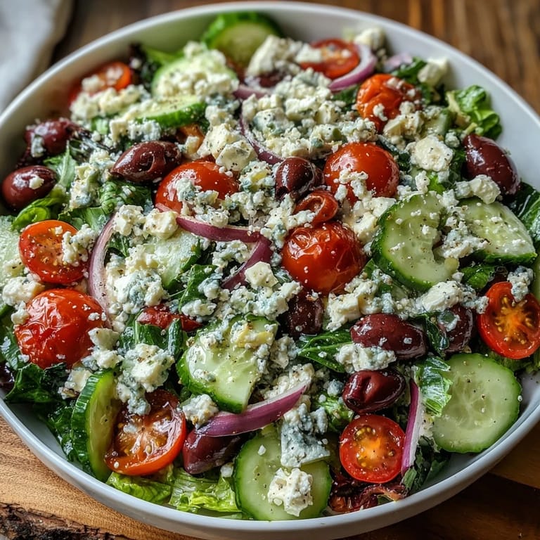 Freshly tossed Greek Salad Bowl topped with creamy feta, ready to serve as a light vegetarian lunch.