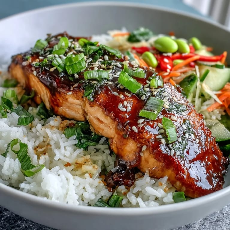 A close-up of Asian-Inspired Salmon Bowl garnished with scallions, edamame, and lime wedges on a rustic wooden table.