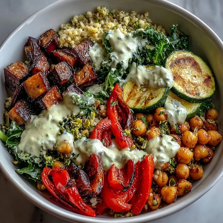 Colorful Mediterranean Buddha Bowl Meal Prep with bulgur, roasted veggies, kale, chickpeas, and drizzled tahini dressing.