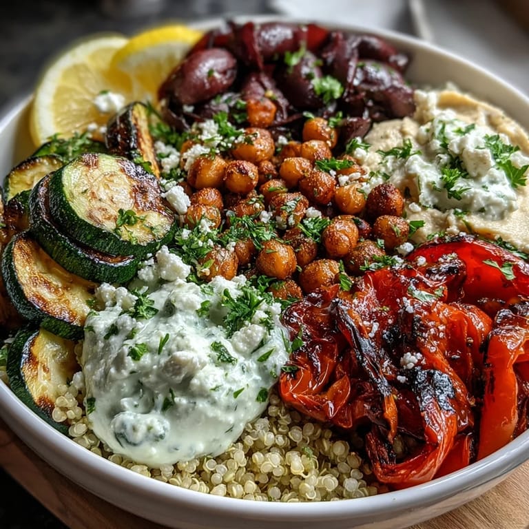 A finished Mediterranean Buddha bowl showcases quinoa, roasted veggies, chickpeas, and dollops of hummus, yogurt, and feta, garnished with parsley.