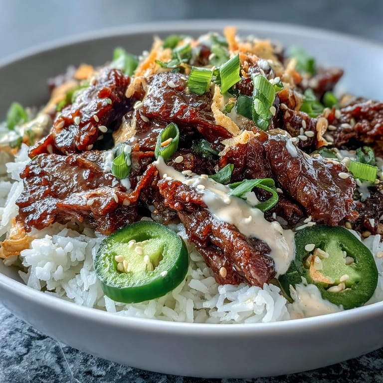 Freshly assembled Korean Beef Power Bowl topped with toasted sesame seeds and green onions, ready to enjoy.
