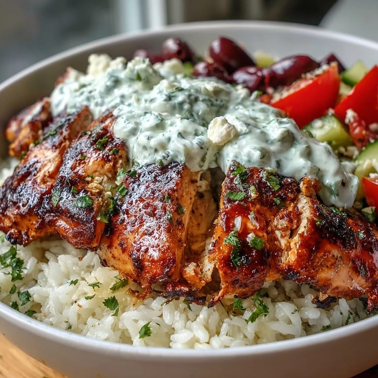 Freshly prepared Greek Chicken Bowl topped with briny Kalamata olives, lemon wedges, and a dollop of tangy tzatziki sauce.