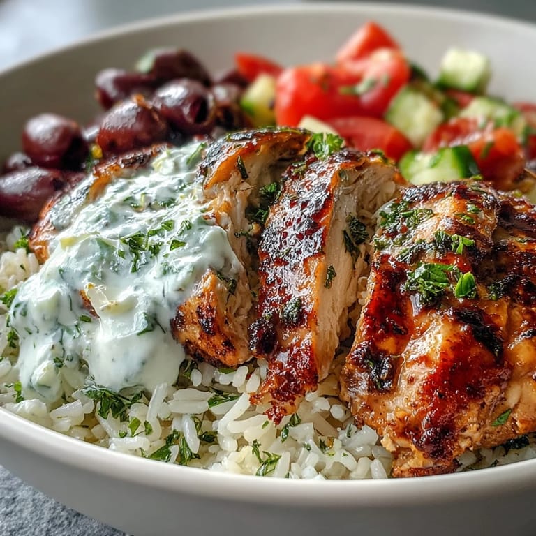 Colorful Greek Chicken Bowl featuring fluffy herbed rice, marinated chicken, crisp veggies, and rich tzatziki ready for a satisfying meal.
