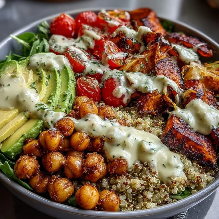 A wholesome Buddha Bowl with Quinoa, Roasted Sweet Potatoes, Crispy Chickpeas, and Fresh Veggies, ready to eat with a side of garlic tahini dressing.