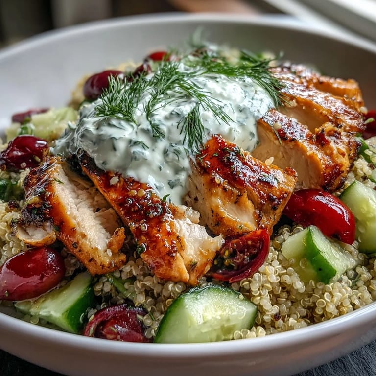 A freshly prepared Greek Chicken Power Bowl topped with marinated chicken breast, colorful veggies, and tangy tzatziki, served on a rustic plate ready to be enjoyed.