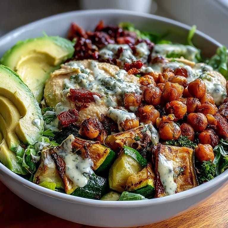 This nourishing Buddha bowl features vibrant greens, smoky roasted eggplant, sweet bell peppers, and protein-rich chickpeas, topped with smooth avocado and tangy olives.