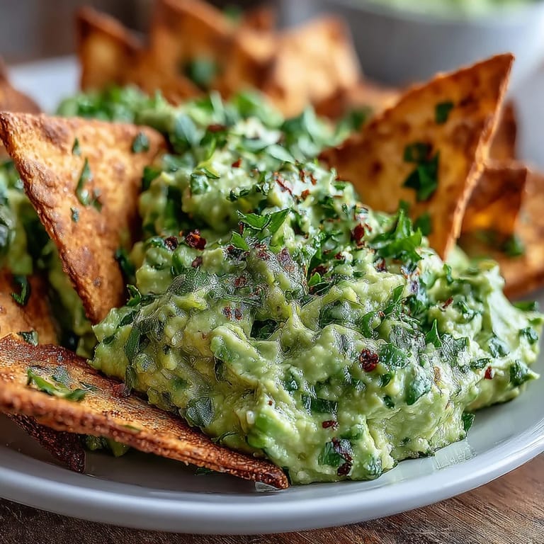 Vibrant green edamame guacamole blended with fresh cilantro, paired with warm, lightly spiced pita chips.  