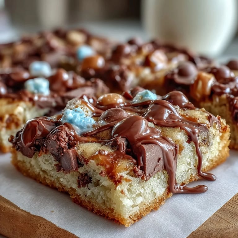 Soft, chewy cookie bars studded with colorful candies and chocolate chips, finished with a decadent white chocolate drizzle for graduation parties.