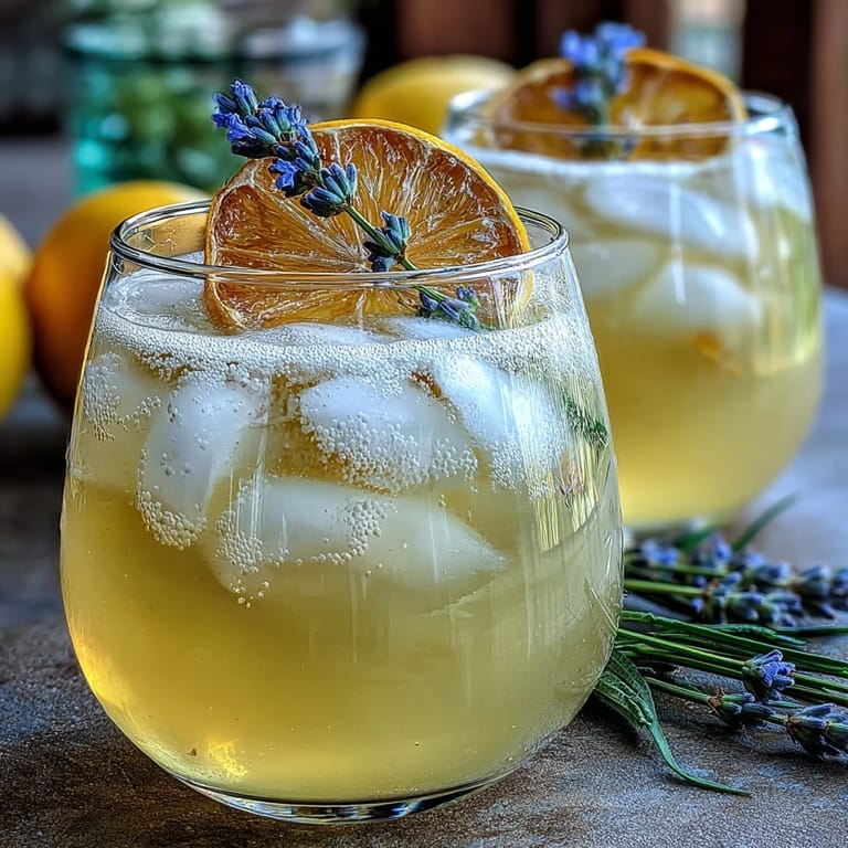 Chilled lavender lemonade spritz served in a glass with ice, combining floral syrup and zesty citrus for a refreshing sip.